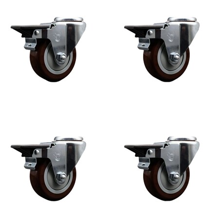 Service Caster 3.5'' Maroon Poly Wheel Swivel Bolt Hole Caster Set with Posi Lock Brakes, 4PK SCC-BH20S3514-PPUB-MRN-PLB-4